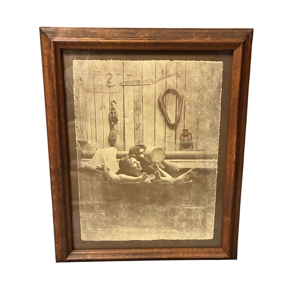 Roland‎ Hendrickson Vintage Sepia Print Couple in Bathtub Wood Frame 13x16